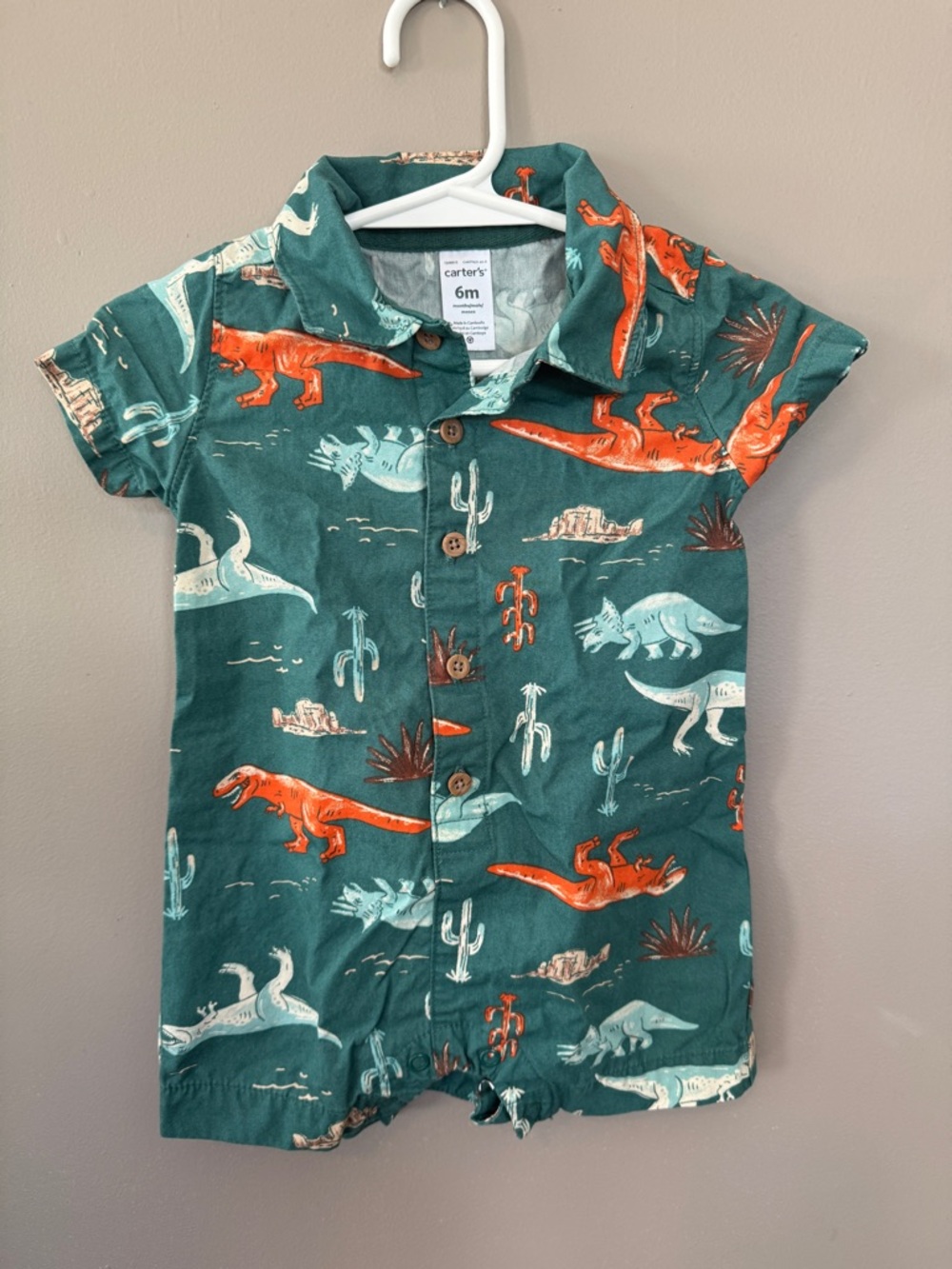 Carter's Teal Short-Sleeve Dinosaur Button-Front Romper